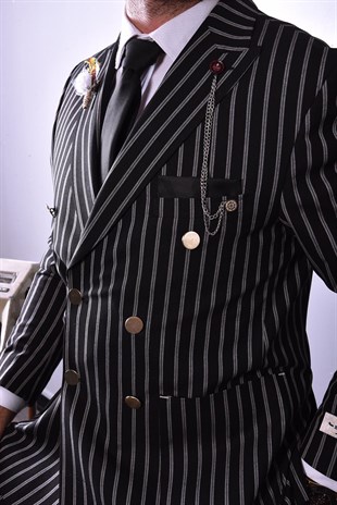 Siyah Beyaz Çizgili,Kruvaze Takım Elbise Slim Fit | Agustini