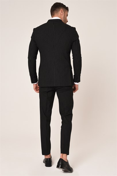 Siyah Beyaz Çizgili,Kruvaze Takım Elbise Slim Fit İtalyan Stil | Agustini
