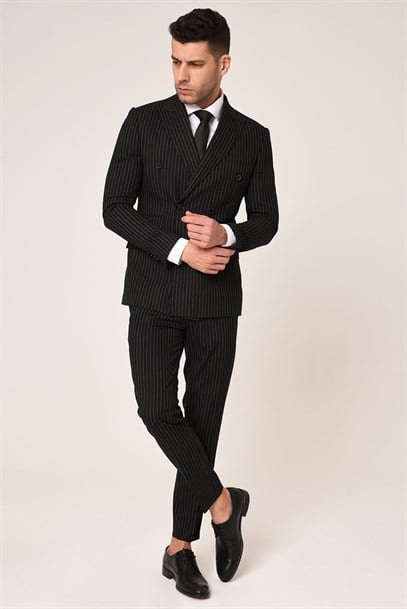 Siyah Beyaz Çizgili,Kruvaze Takım Elbise Slim Fit İtalyan Stil | Agustini