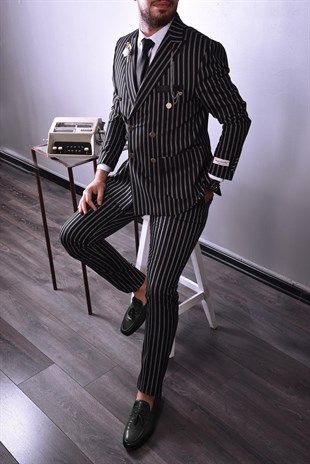 Siyah Beyaz Çizgili,Kruvaze Takım Elbise Slim Fit | Agustini