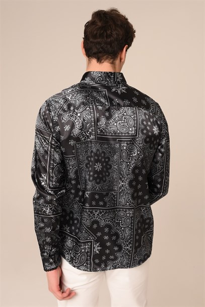 Siyah Beyaz Desenli Saten Slim Fit Gömlek | Agustini