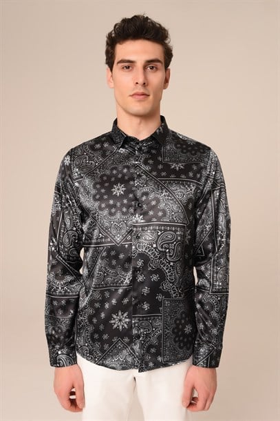 Siyah Beyaz Desenli Saten Slim Fit Gömlek | Agustini