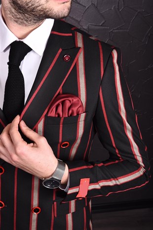 Siyah Bordo Çizgili Kruvaze Takım Elbise Sivri Yaka | Agustini