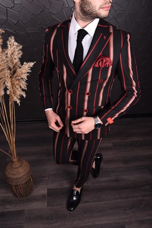 Siyah Bordo Çizgili Kruvaze Takım Elbise Sivri Yaka | Agustini