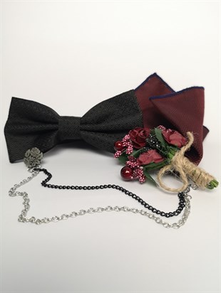 Siyah Bordo Saten Kombinli Damatlık Papyon Takımı | Agustini