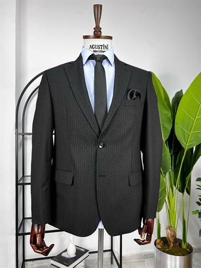 Klasik Kesim Geniş Kalıp Siyah Çizgili Mono Yaka Çift Düğme Çift Yırtmaç Tek Ceket | Agustini