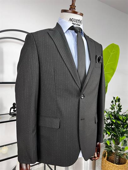 Klasik Kesim Geniş Kalıp Siyah Çizgili Mono Yaka Çift Düğme Çift Yırtmaç Tek Ceket | Agustini