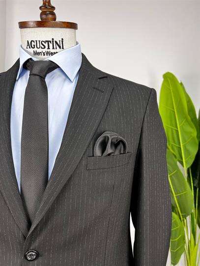 Klasik Kesim Geniş Kalıp Siyah Çizgili Mono Yaka Çift Düğme Çift Yırtmaç Tek Ceket | Agustini