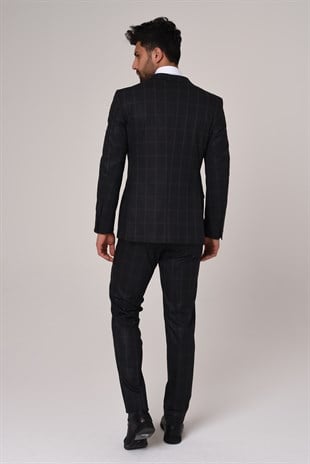Siyah Ekose Yelekli Takım Elbise,Slim Fit | Agustini