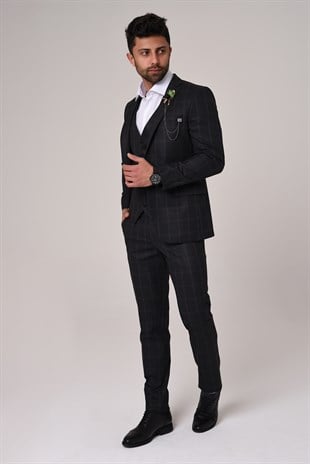 Siyah Ekose Yelekli Takım Elbise,Slim Fit | Agustini