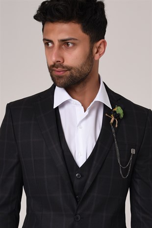 Siyah Ekose Yelekli Takım Elbise,Slim Fit | Agustini