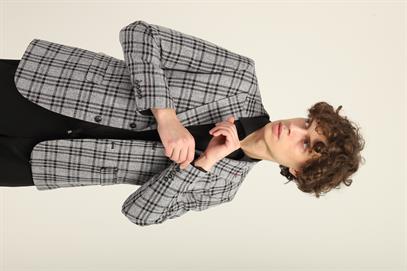 Siyah Gri Kareli Desen,İki Düğme Çift Yırtmaç Sivri Yaka Slim Fit Kalıp Tek Ceket | Agustini