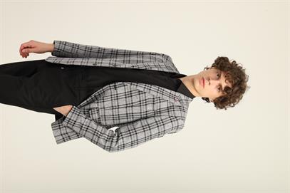 Siyah Gri Kareli Desen,İki Düğme Çift Yırtmaç Sivri Yaka Slim Fit Kalıp Tek Ceket | Agustini