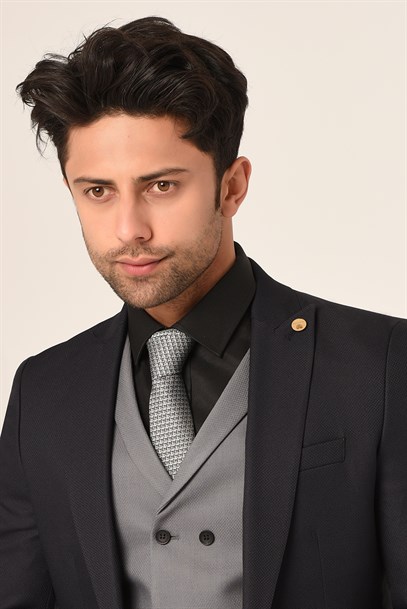Siyah Gri Yelekli Sivri Yaka  Kombin Takım Elbise Slim Fit | Agustini