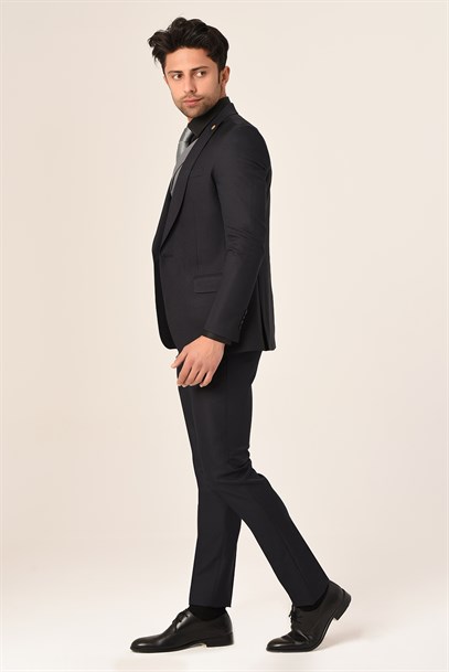 Siyah Gri Yelekli Sivri Yaka  Kombin Takım Elbise Slim Fit | Agustini