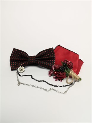 Siyah Kırmızı Kombinli Saten Papyon Set | Agustini