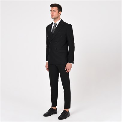 Siyah Kruvaze Sivri Yaka Slim Fit Takım Elbise | Agustini