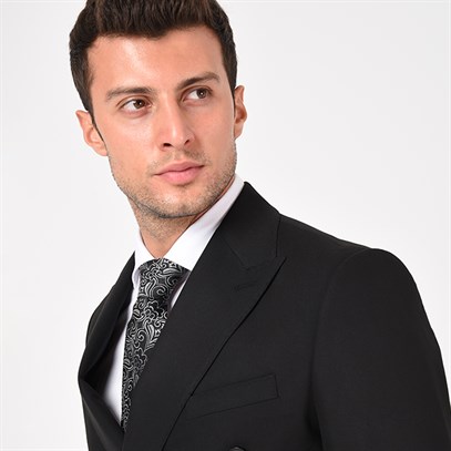 Siyah Kruvaze Sivri Yaka Slim Fit Takım Elbise | Agustini