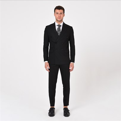 Siyah Kruvaze Sivri Yaka Slim Fit Takım Elbise | Agustini