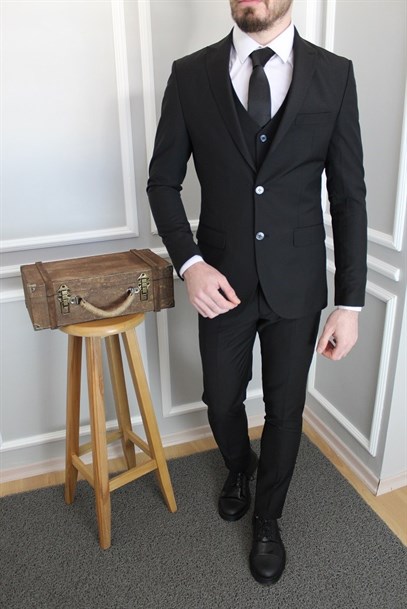 Siyah Renk Yelekli Takım Elbise Slim Fit | Agustini
