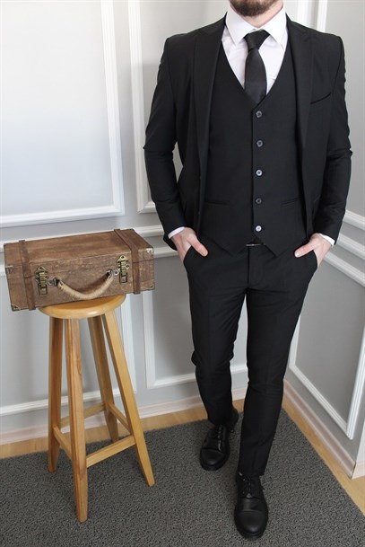 Siyah Renk Yelekli Takım Elbise Slim Fit | Agustini