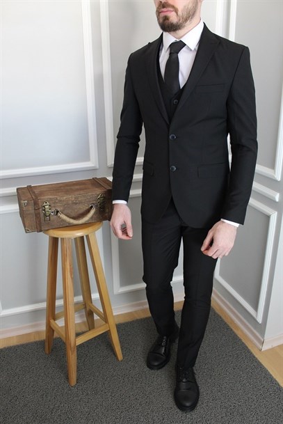 Siyah Renk Yelekli Takım Elbise Slim Fit | Agustini