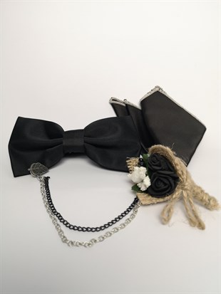 Siyah Saten Damatlık Papyon Set | Agustini