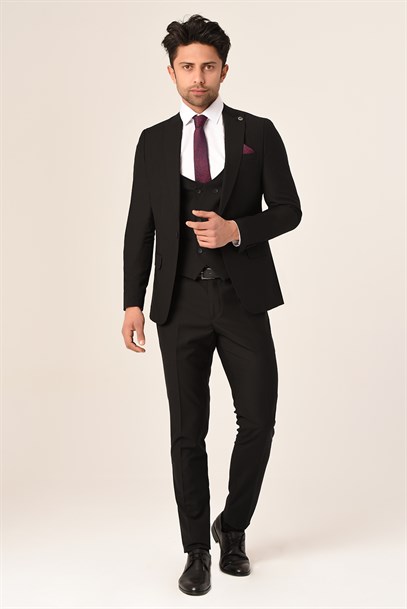 Siyah Yelekli Sivri Yaka Takım Elbise Slim Fit | Agustini