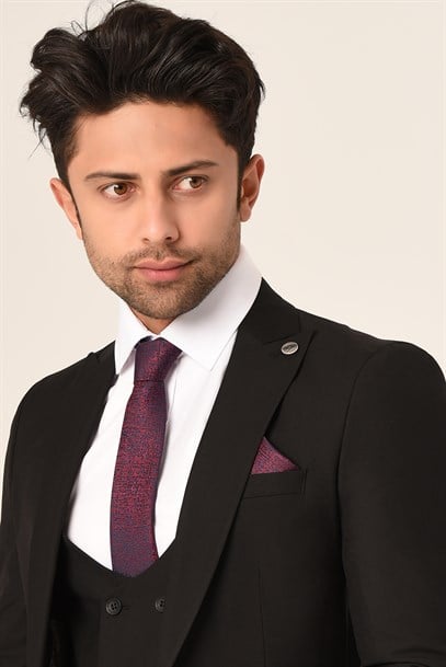 Siyah Yelekli Sivri Yaka Takım Elbise Slim Fit | Agustini