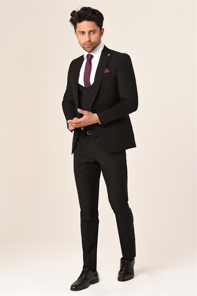 Siyah Yelekli Sivri Yaka Takım Elbise Slim Fit | Agustini