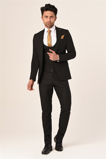 Siyah Yelekli Sivri Yaka Yeni Nesil Takım Elbise Slim Fit | Agustini