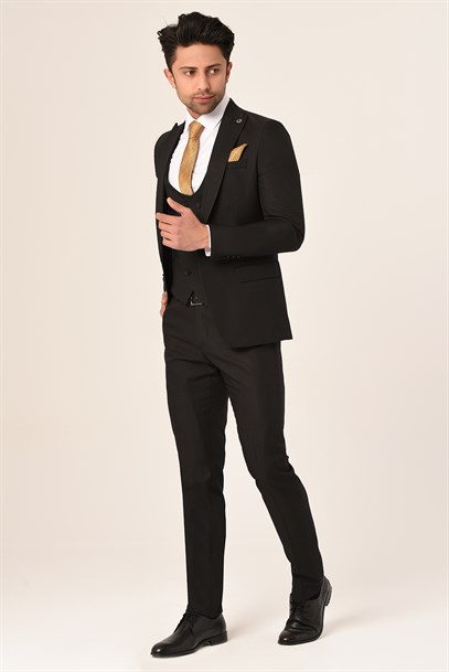 Siyah Yelekli Sivri Yaka Yeni Nesil Takım Elbise Slim Fit | Agustini