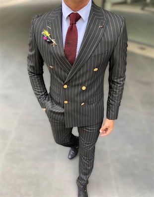 Siyah,Bej Çizgili Kruvaze Takım Elbise Sivri Yaka | Agustini