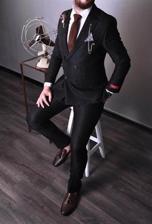 Siyah,Kruvaze Takım Elbise Sivri Yaka Slim Fit | Agustini