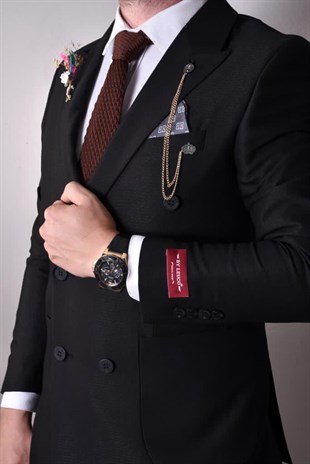 Siyah,Kruvaze Takım Elbise Sivri Yaka Slim Fit | Agustini