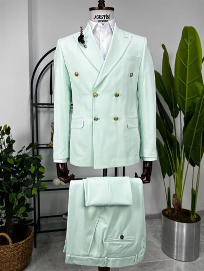 Su Yeşili Kruvaze 2Lİ Takım Elbise Sivri Yaka Slim Fit Kalıp | Agustini
