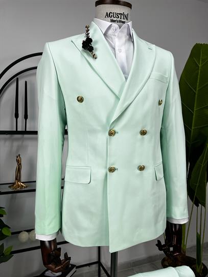 Su Yeşili Kruvaze 2Lİ Takım Elbise Sivri Yaka Slim Fit Kalıp | Agustini