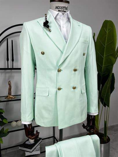 Su Yeşili Kruvaze 2Lİ Takım Elbise Sivri Yaka Slim Fit Kalıp | Agustini