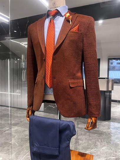 Taba Renk Blazer Tek Ceket Slim Fit | Agustini