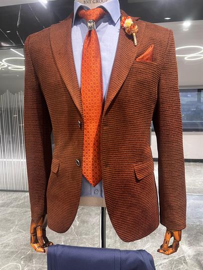 Taba Renk Blazer Tek Ceket Slim Fit | Agustini