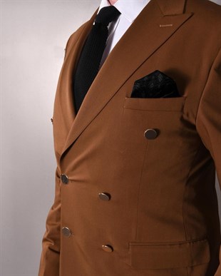 Taba Renk Kruvaze Takım Elbise Sivri Yaka | Agustini