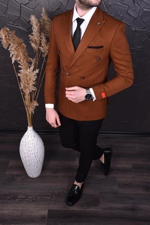 Taba Renk, Kruvaze Tek Ceket Sivri Yaka | Agustini