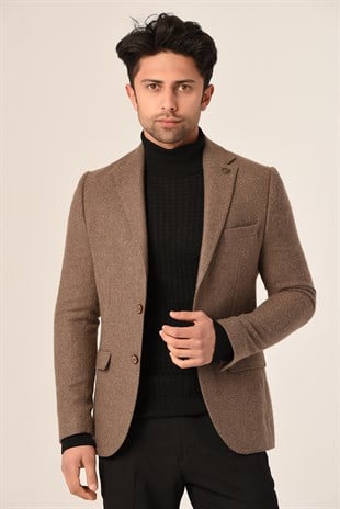 Taba Renk Tek Ceket Mono Yaka Slim Fit | Agustini