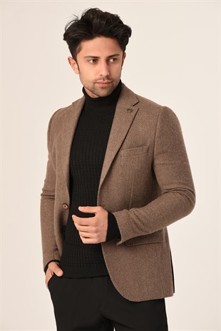 Taba Renk Tek Ceket Mono Yaka Slim Fit | Agustini