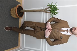 Taba Renk Yelekli Takım Elbise Slim Fit | Agustini