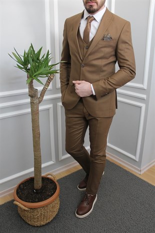 Taba Renk Yelekli Takım Elbise Slim Fit | Agustini