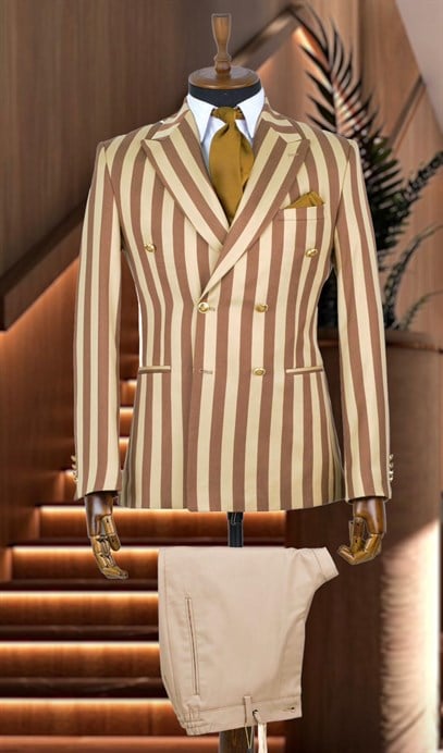 Taba ve Bej Çizgili İtalyan Stil Kruvaze Ceket Geniş Sivri Yaka Slim Fit | Agustini