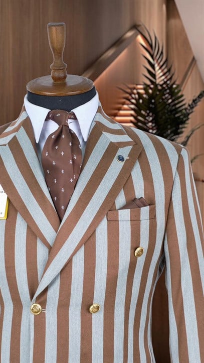 Taba ve Gri Çizgili İtalyan Stil Kruvaze İkili Kombin Takım Elbise Geniş Sivri Yaka Slim Fit | Agustini