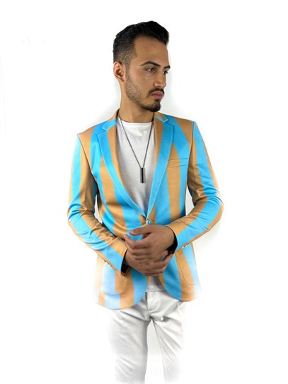 Turkuaz Bej Şerit Desen Torba Cep Blazer Tek Ceket Slim Fit | Agustini