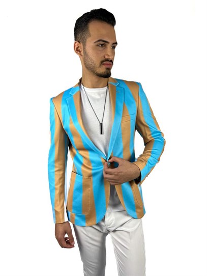 Turkuaz Bej Şerit Desen Torba Cep Blazer Tek Ceket Slim Fit | Agustini